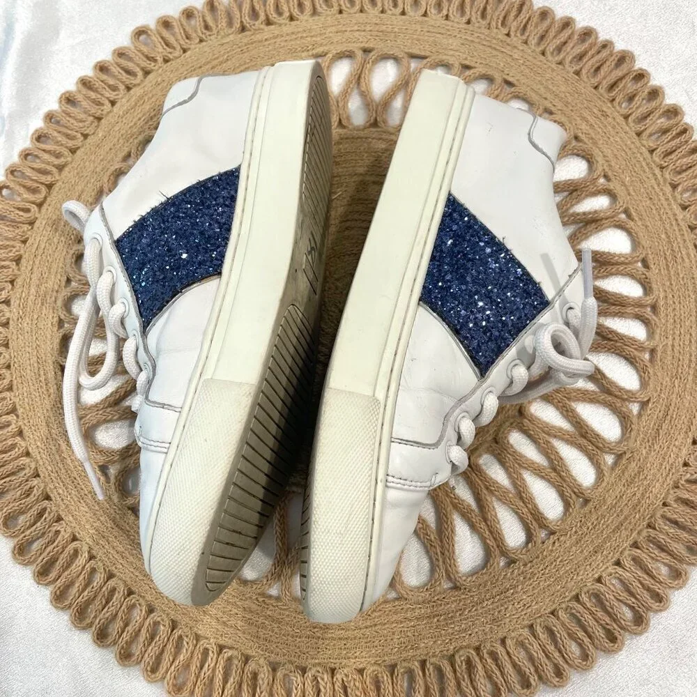 Tory Burch Carter Glitter Sneaker Women's Size 7M Lace Up White Blue